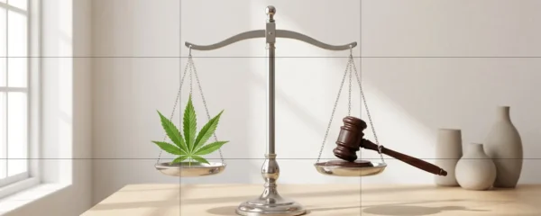Balance de justice en équilibre avec une feuille de chanvre d